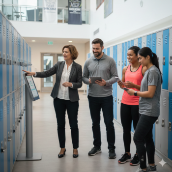 Woman demos smart locker to three adults